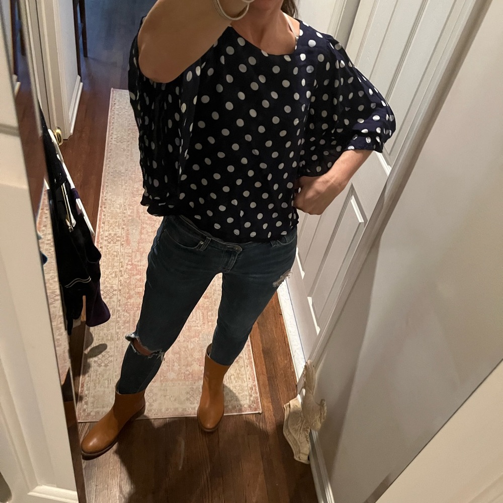Bat-Wing Navy Polka-Dotted Blouse, Small
